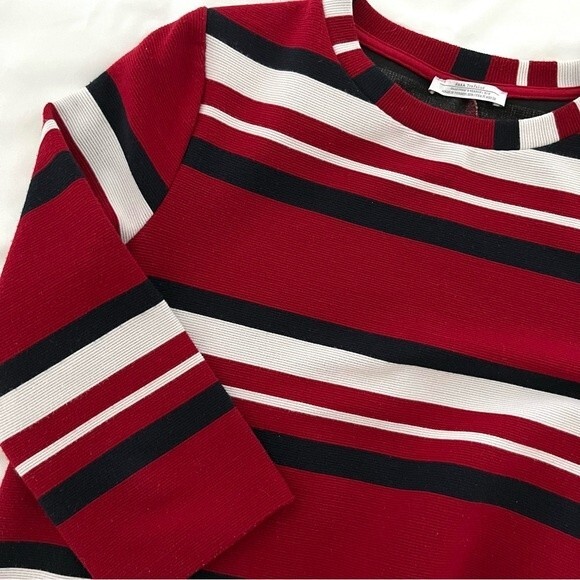 Zara Red Black and White Striped 3/4 Sleeve Shift Dress, Size S - Picture 7 of 12